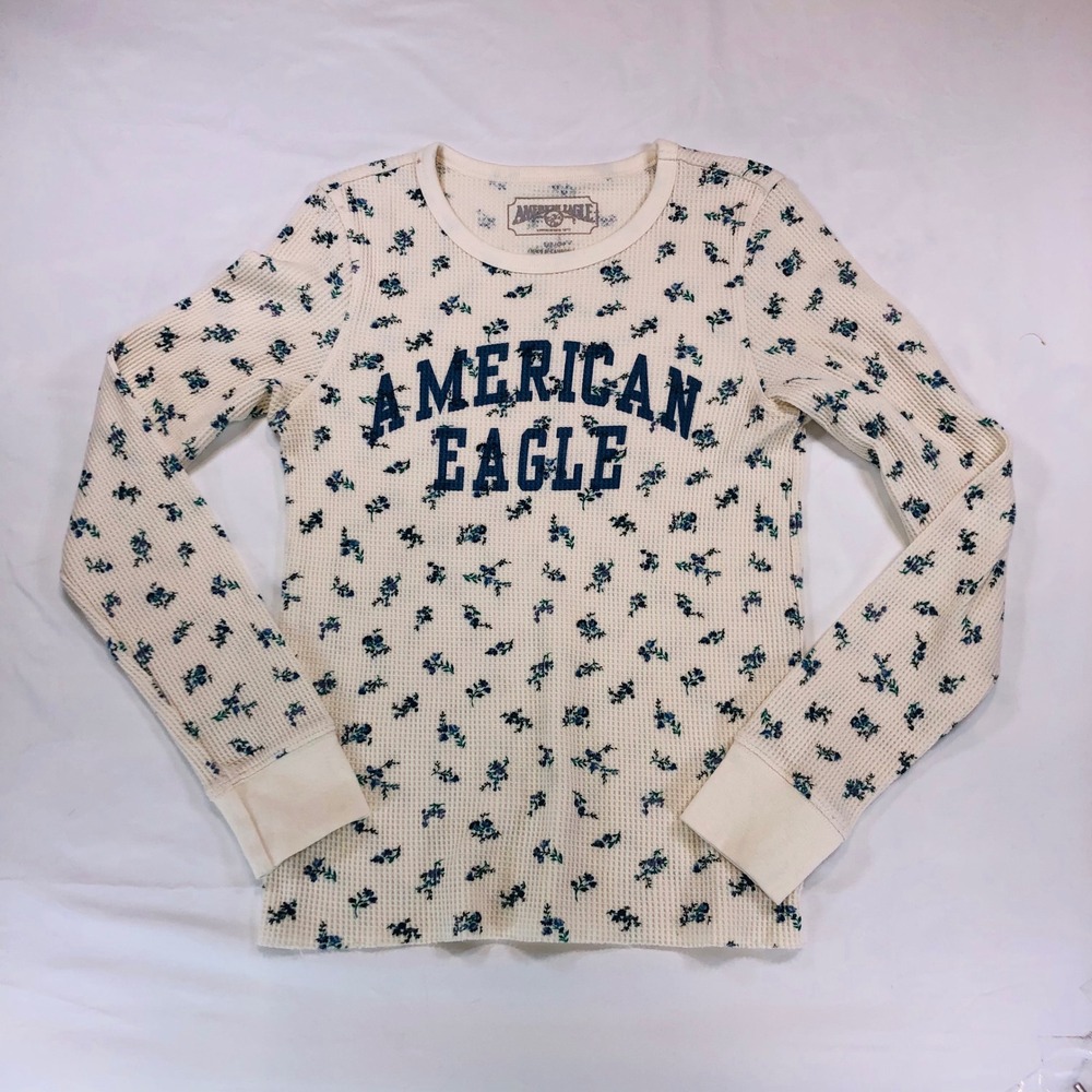 American Eagle Floral Waffle Knit Thermal Long Sleeve Top Cream Blue Small